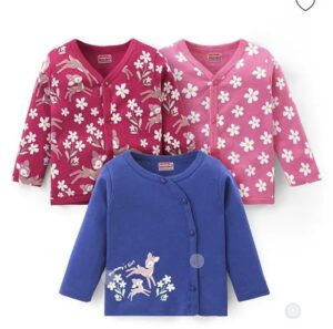 Babyhug 100% Cotton Knit Full Sleeves Front Open Vests With Floral Print Pack of 3 – Multicolor