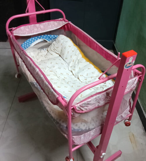 Pink Metal Baby Cradle with Mosquito Net