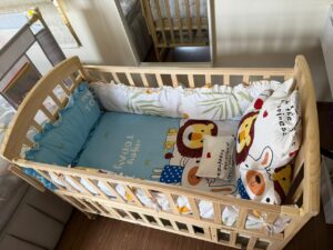 Star And Daisy Wooden Baby Crib with Mattress, Mosquito Net & Pillows