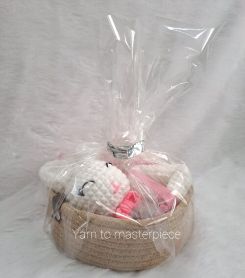 Crochet handmade baby gift hamper set of shoes, mittens, rattle and a basket (Pink)