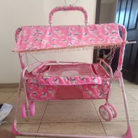 Baby Cradle with Swing, Wheels & Mosquito Net – Pink | 0–13 Months