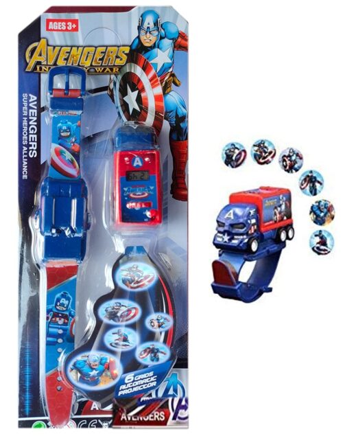 Organic Herbs Action Figure Series Pull Back Truck Car Shaped 6 Images Projector Toy Kids Wrist Watch (Captain America)