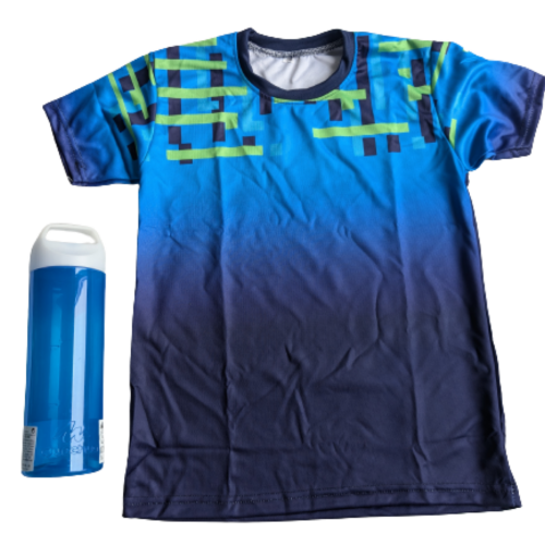 Blue Geometric Pattern Sports T-Shirt and Water Bottle