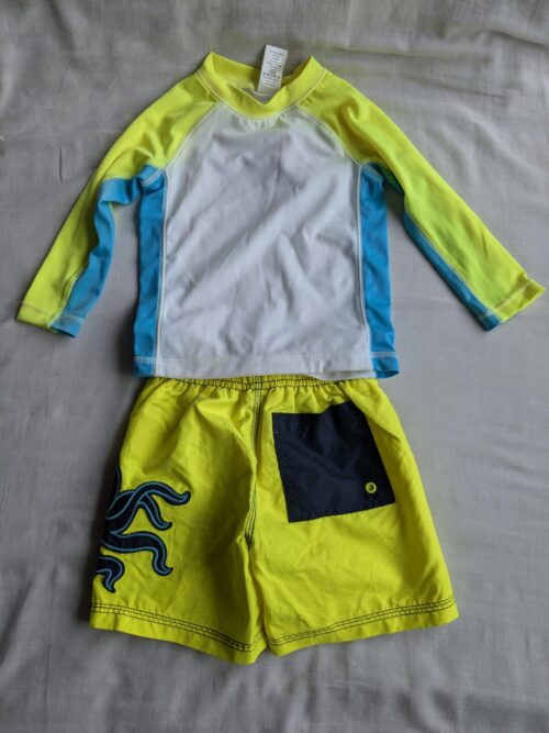 Swimwear Set with Full-Sleeve Shirt, Shorts, and Bottle