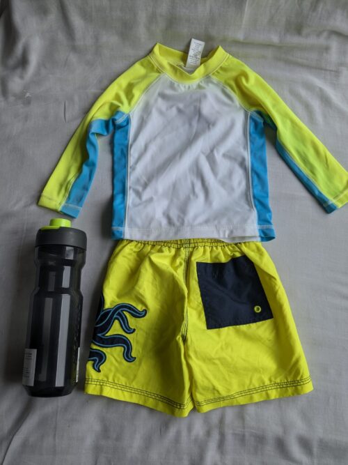 Swimwear Set with Full-Sleeve Shirt, Shorts, and Bottle