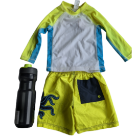 Swimwear Set with Full-Sleeve Shirt, Shorts, and Bottle