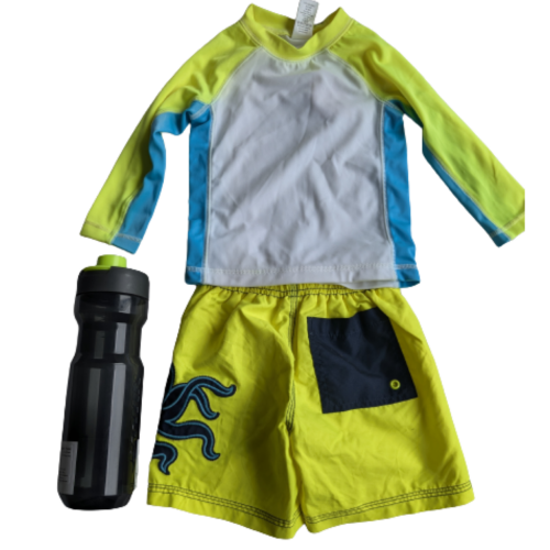 Swimwear Set with Full-Sleeve Shirt, Shorts, and Bottle