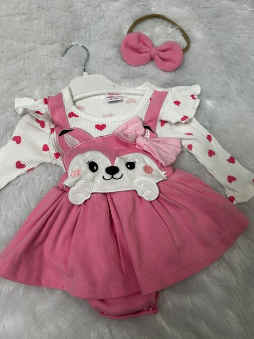 Hopscotch Heart Print Romper Dress with Bear/Fox Embroidery & Headband – Fall/Winter Edition