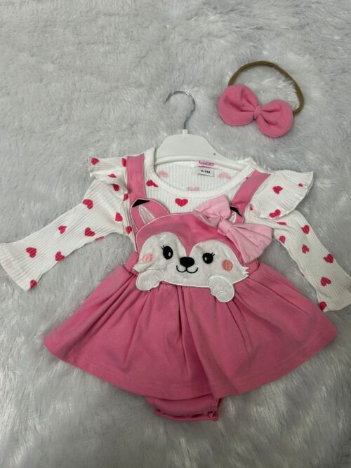 Hopscotch Heart Print Romper Dress with Bear/Fox Embroidery & Headband – Fall/Winter Edition