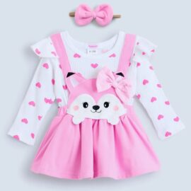 Hopscotch Heart Print Romper Dress with Bear/Fox Embroidery & Headband – Fall/Winter Edition