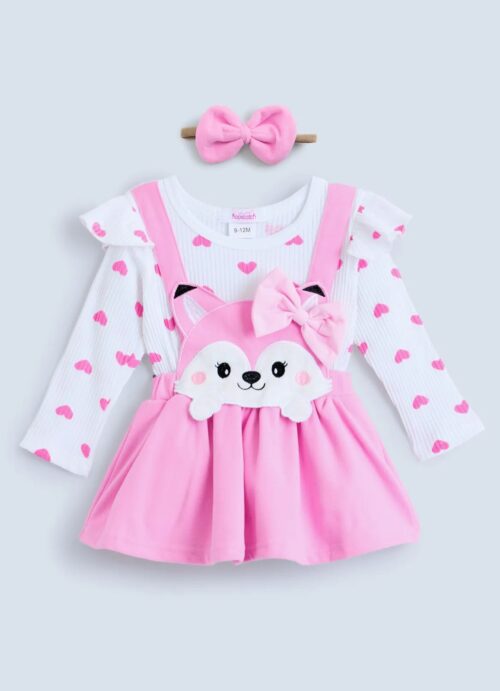 Hopscotch Heart Print Romper Dress with Bear/Fox Embroidery & Headband – Fall/Winter Edition