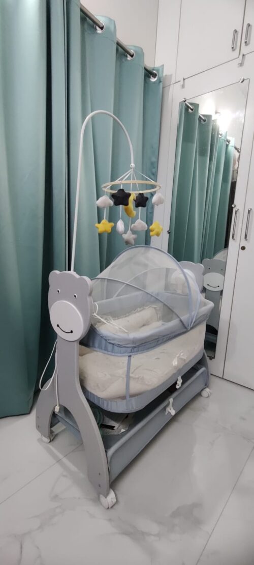Mee Mee Sweet Love Automatic Baby Cradle with Bed Set | Gently Used for 4 Months | Grey | Remote Controlled