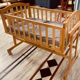 Preowned Babyhug Ionia Wooden Cradle Set – With Mattress, Comforter & Mosquito Net (Like New Condition)