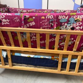 Babyhug Wooden Baby Cot with Mattress, Bed Protectors & Mosquito Net – Gently Used