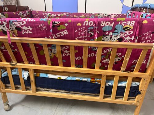 Babyhug Wooden Baby Cot with Mattress, Bed Protectors & Mosquito Net – Gently Used