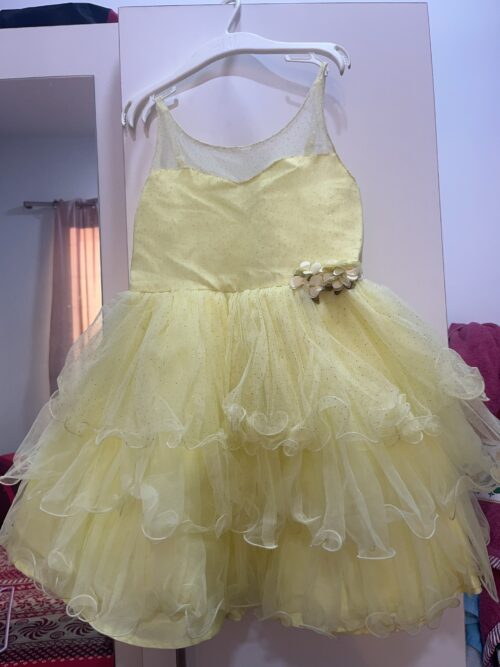 Yellow Frill Glitter Frock with Flower Appliqué – Soft Net | Worn Once