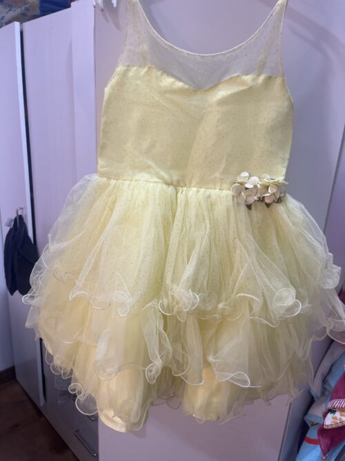 Yellow Frill Glitter Frock with Flower Appliqué – Soft Net | Worn Once