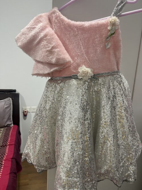 Mumkins Peach & Silver Sequins Designer Party Dress – Sparingly Used | Elegant & Eye-Catching